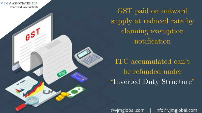 GST paid on outward supply at reduced rate by claiming exemption notification| ITC accumulated can’t be refunded under “Inverted Duty Structure”